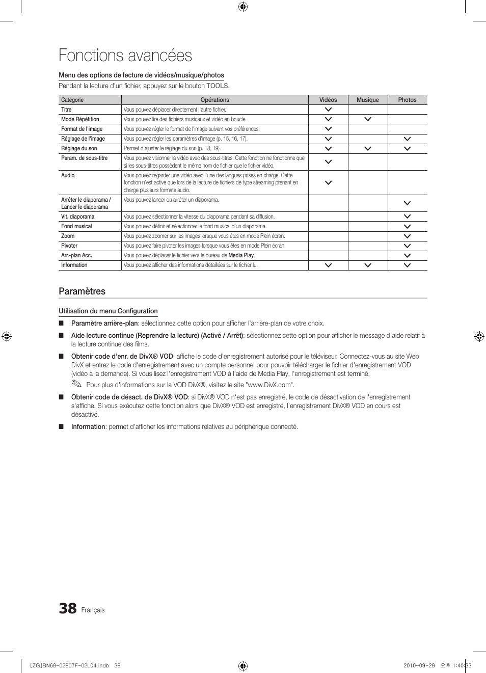 Fonctions avancées, Paramètres | Samsung PS58C6500TW User Manual | Page 148 / 221