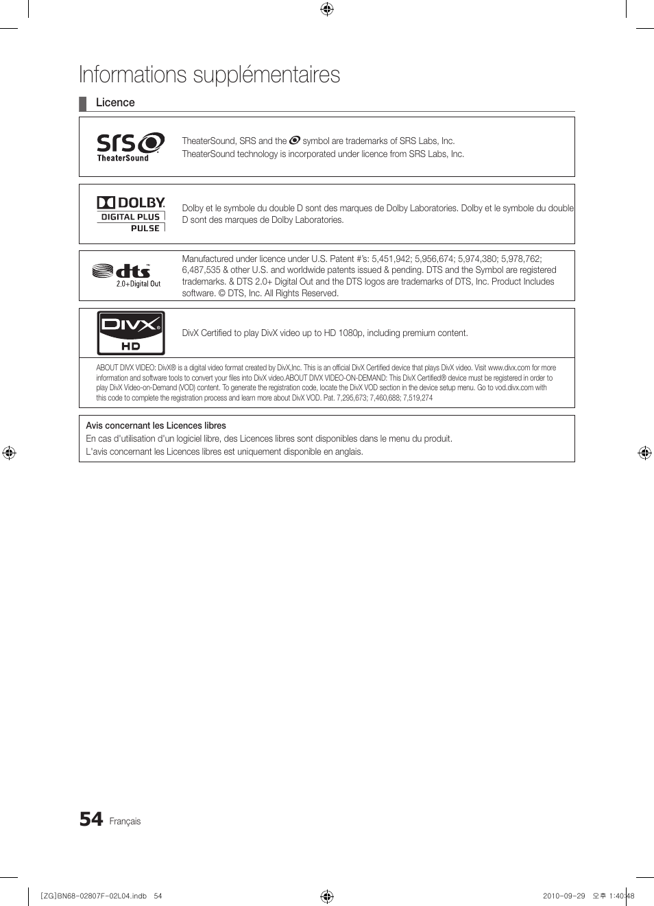 Informations supplémentaires | Samsung PS58C6500TW User Manual | Page 164 / 221