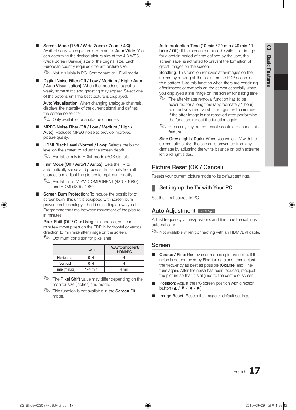 Picture reset (ok / cancel), Auto adjustment, Screen | Samsung PS58C6500TW User Manual | Page 17 / 221
