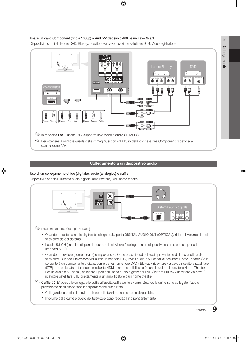 02 collegamenti, Collegamento a un dispositivo audio | Samsung PS58C6500TW User Manual | Page 174 / 221