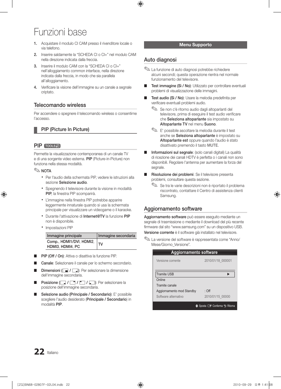 Funzioni base, Telecomando wireless, Auto diagnosi | Aggiornamento software | Samsung PS58C6500TW User Manual | Page 187 / 221