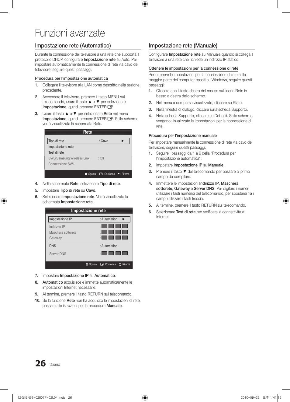 Funzioni avanzate, Impostazione rete (automatico), Impostazione rete (manuale) | Samsung PS58C6500TW User Manual | Page 191 / 221