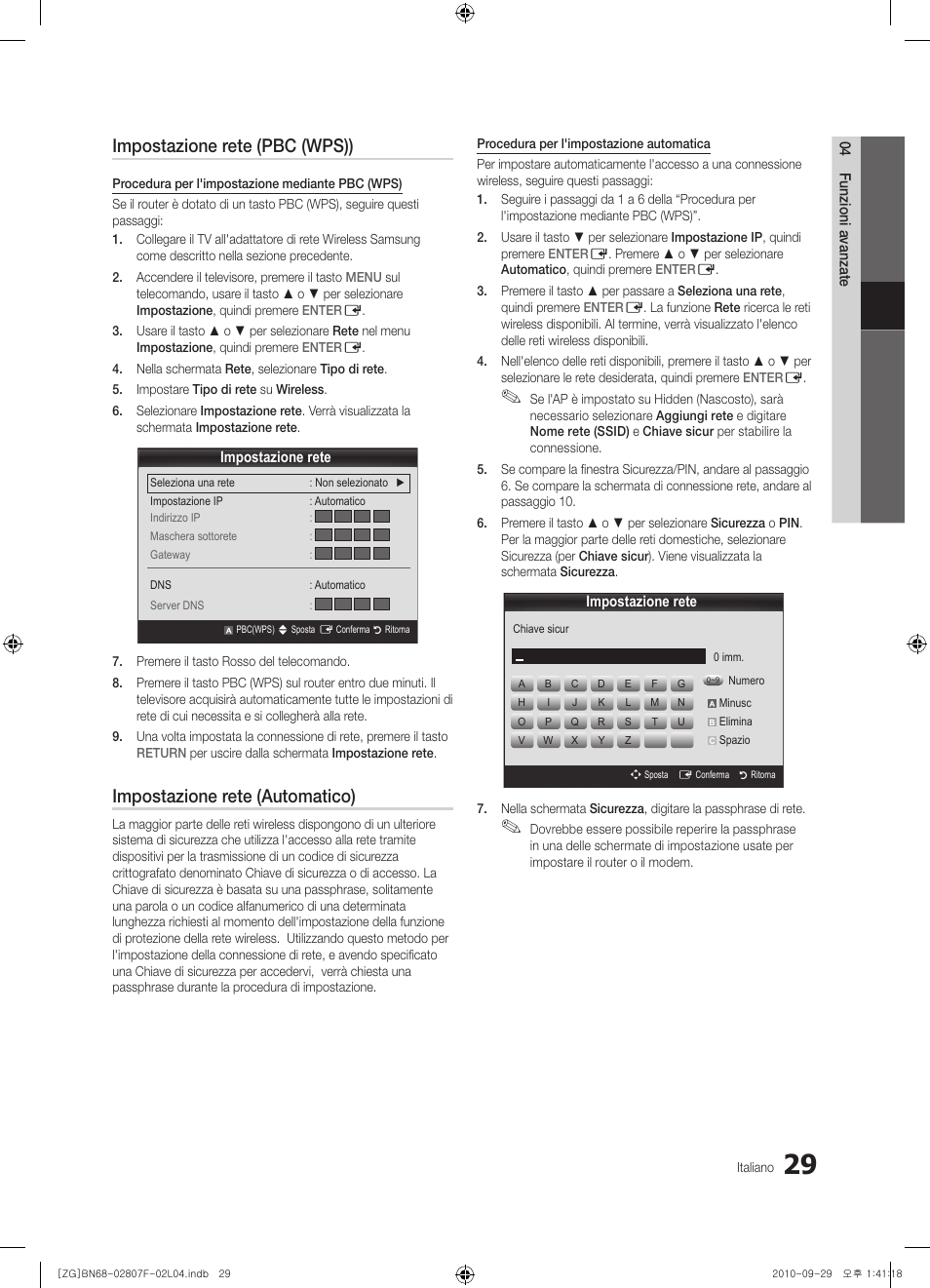 Impostazione rete (pbc (wps)), Impostazione rete (automatico) | Samsung PS58C6500TW User Manual | Page 194 / 221