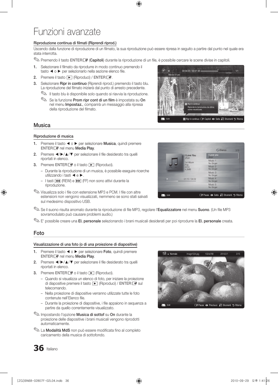 Funzioni avanzate, Musica, Foto | Samsung PS58C6500TW User Manual | Page 201 / 221