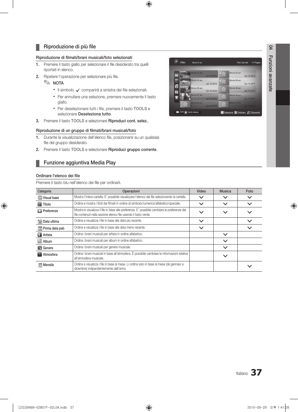 Riproduzione di più file, Funzione aggiuntiva media play | Samsung PS58C6500TW User Manual | Page 202 / 221