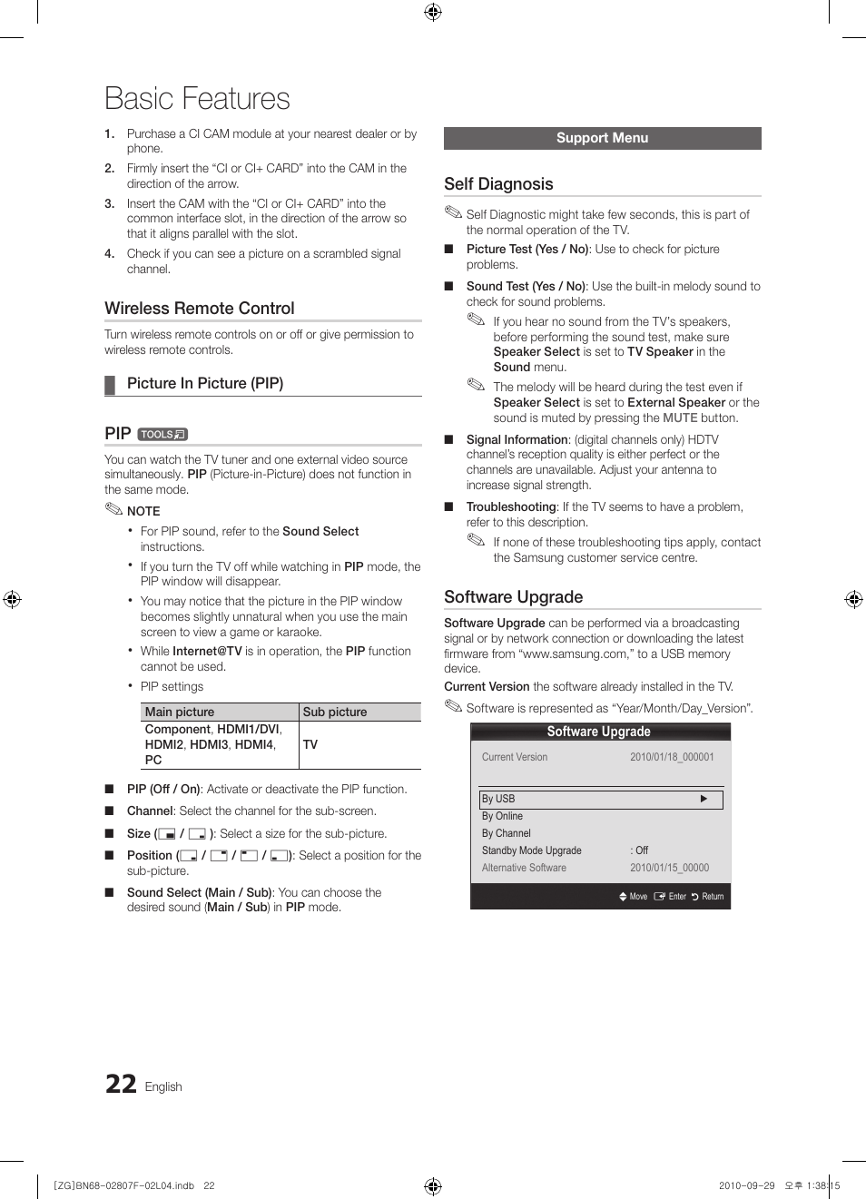 Basic features, Wireless remote control, Self diagnosis | Software upgrade | Samsung PS58C6500TW User Manual | Page 22 / 221