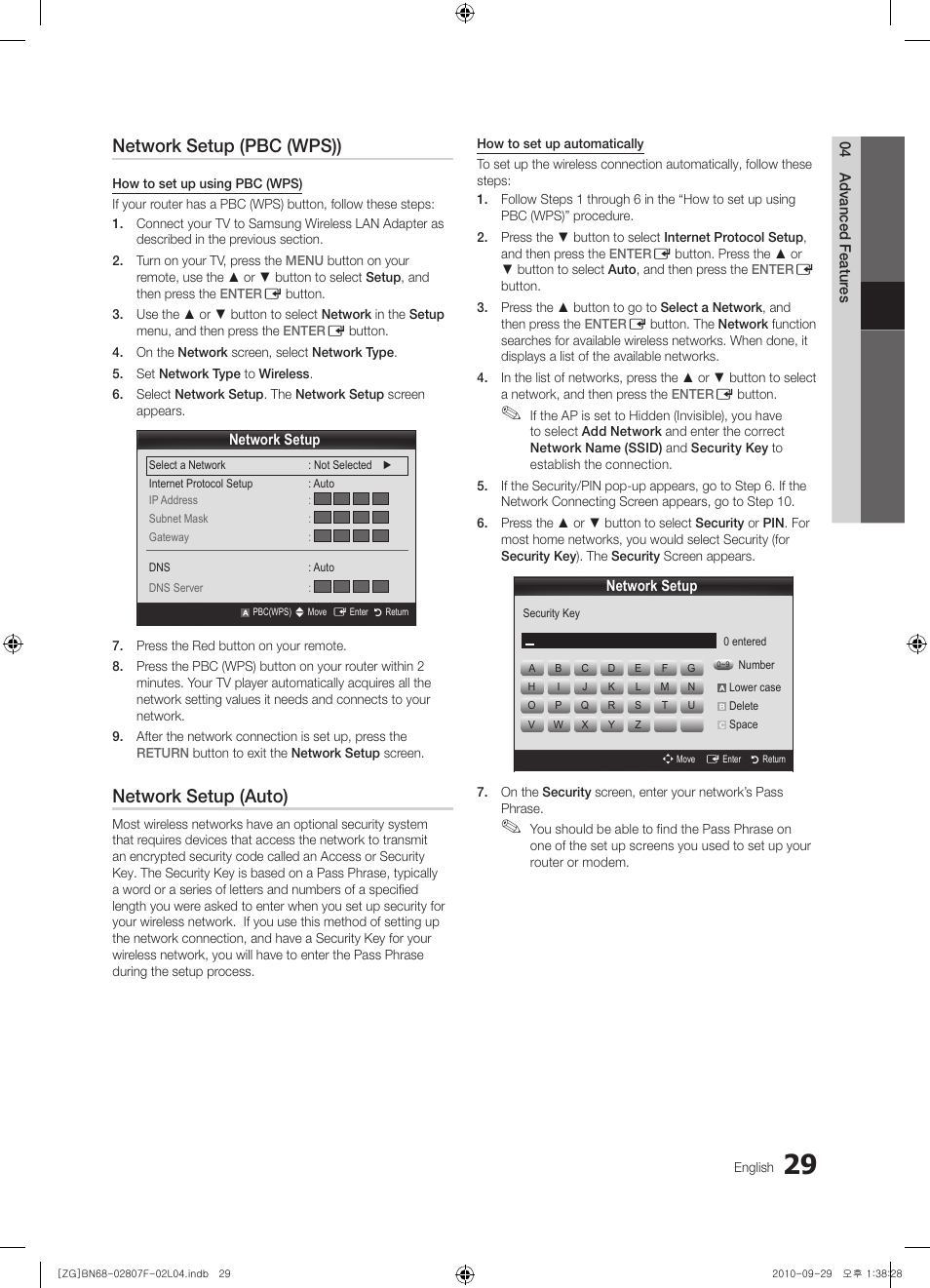 Network setup (pbc (wps)), Network setup (auto) | Samsung PS58C6500TW User Manual | Page 29 / 221