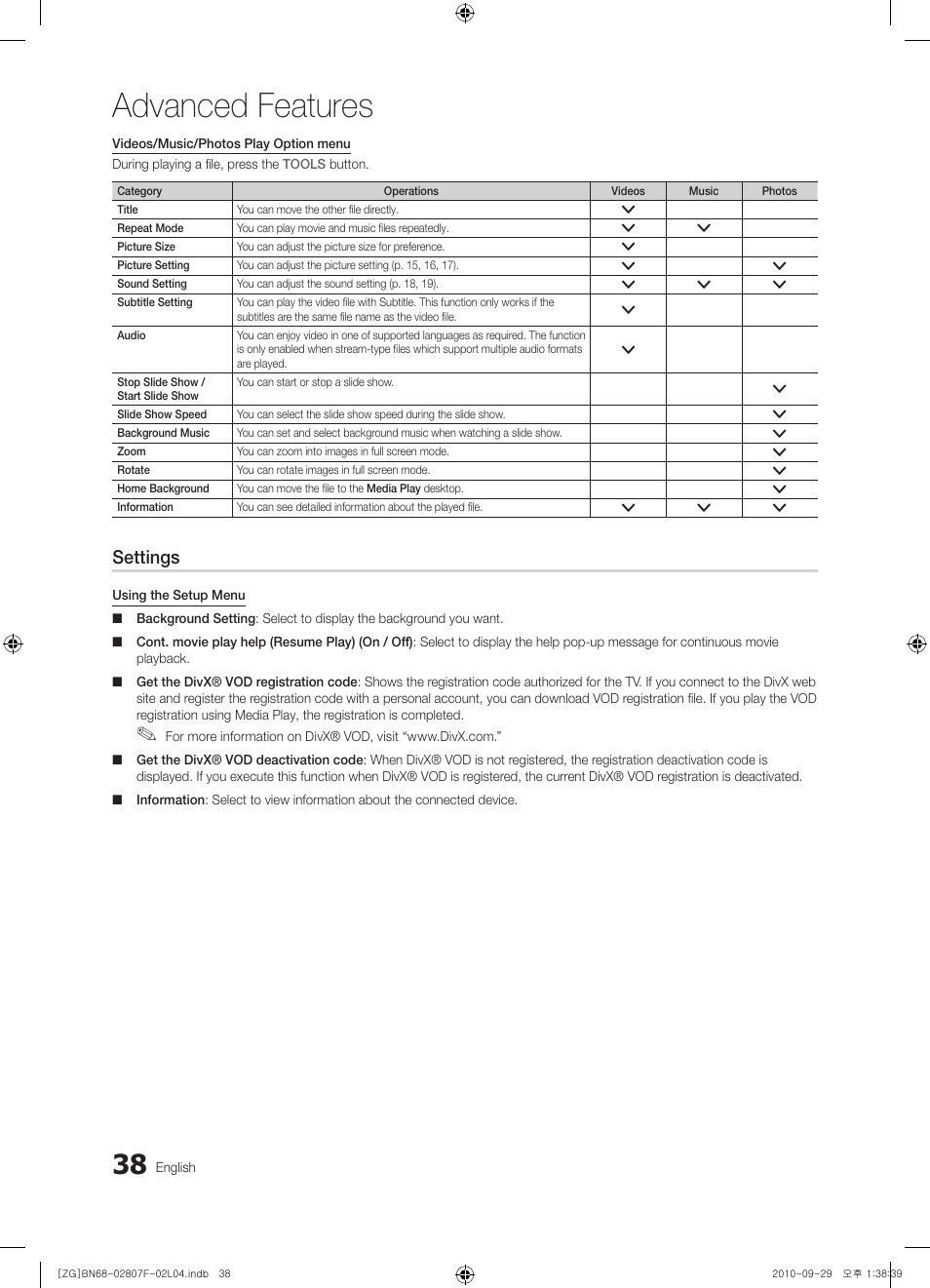 Advanced features, Settings | Samsung PS58C6500TW User Manual | Page 38 / 221