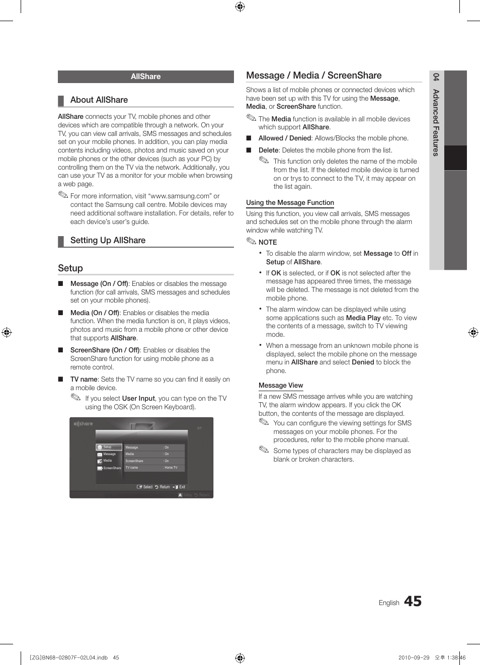 Setup, Message / media / screenshare | Samsung PS58C6500TW User Manual | Page 45 / 221