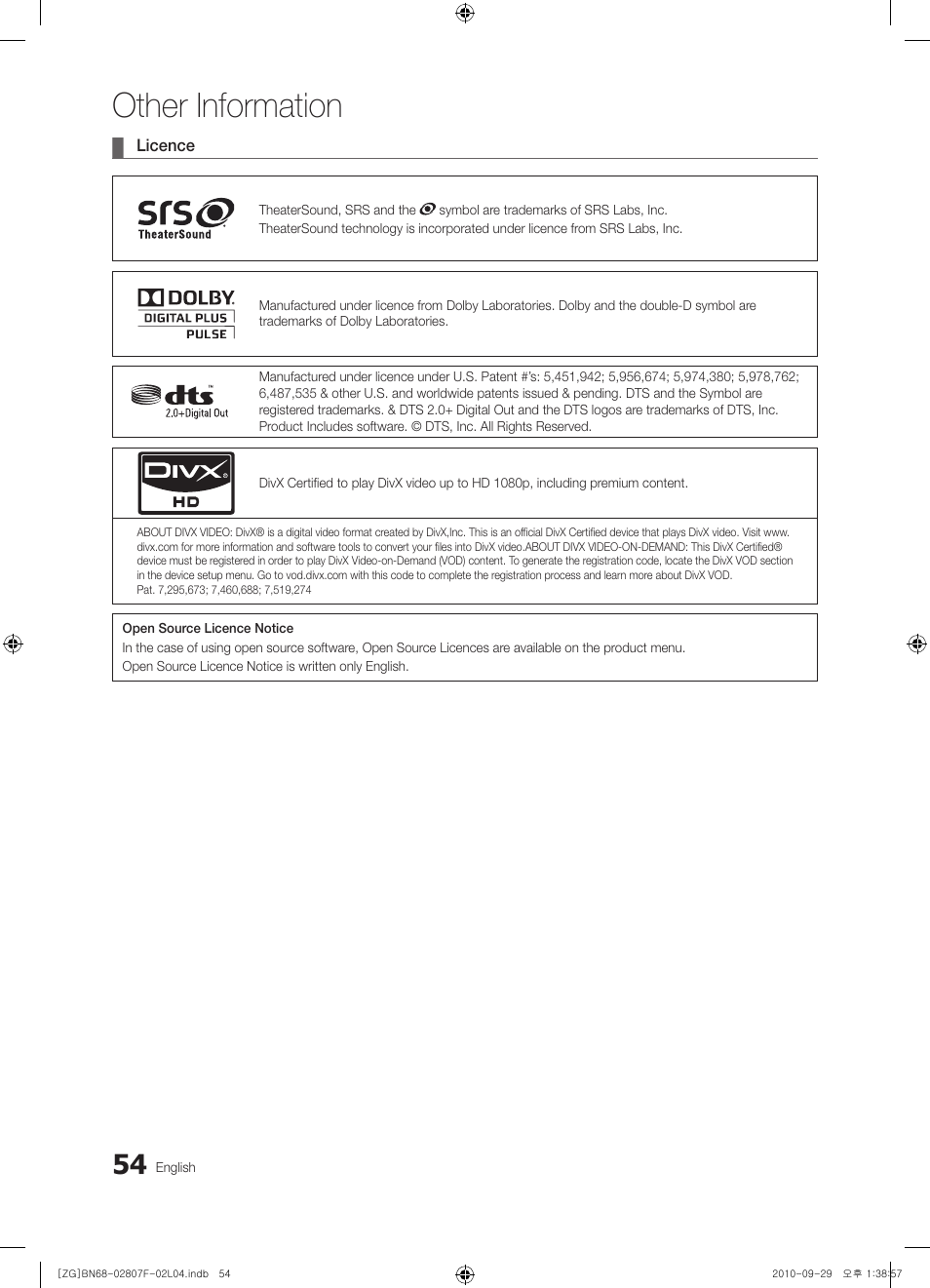 Other information | Samsung PS58C6500TW User Manual | Page 54 / 221