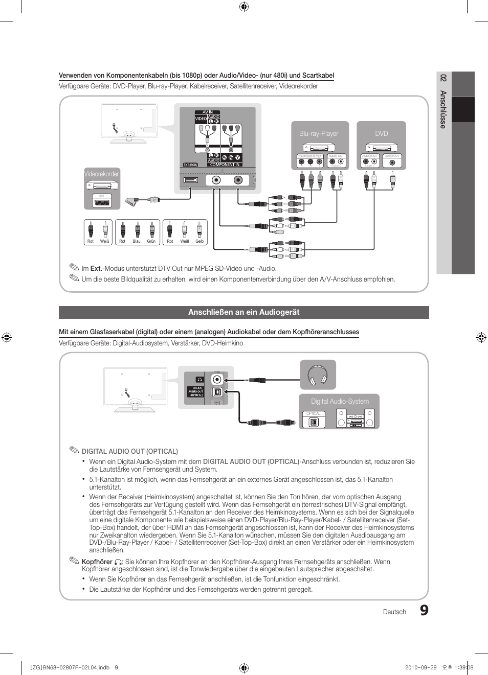 02 anschlüsse, Anschließen an ein audiogerät | Samsung PS58C6500TW User Manual | Page 64 / 221