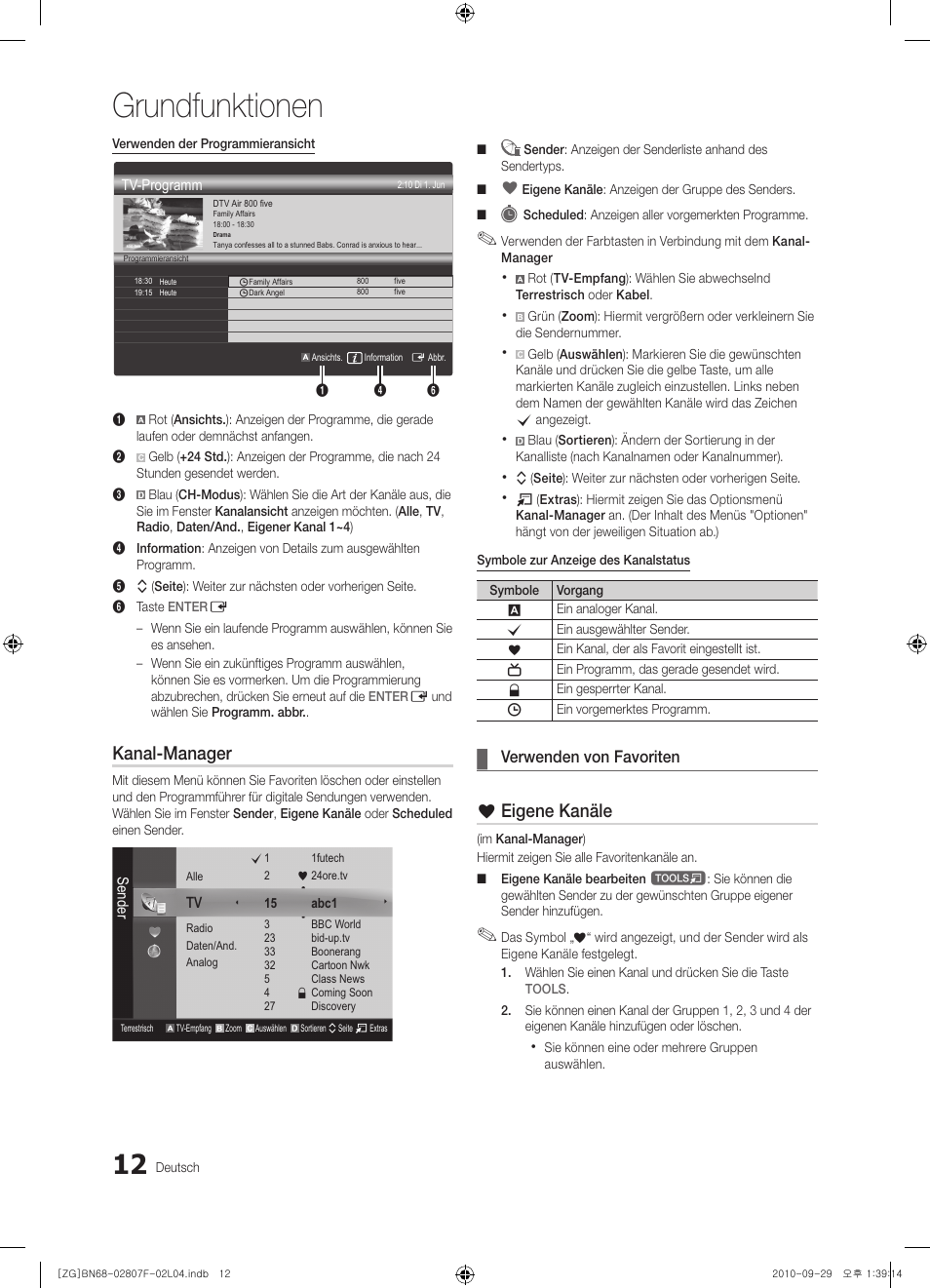 Grundfunktionen, Kanal-manager, Eigene kanäle | Verwenden von favoriten | Samsung PS58C6500TW User Manual | Page 67 / 221