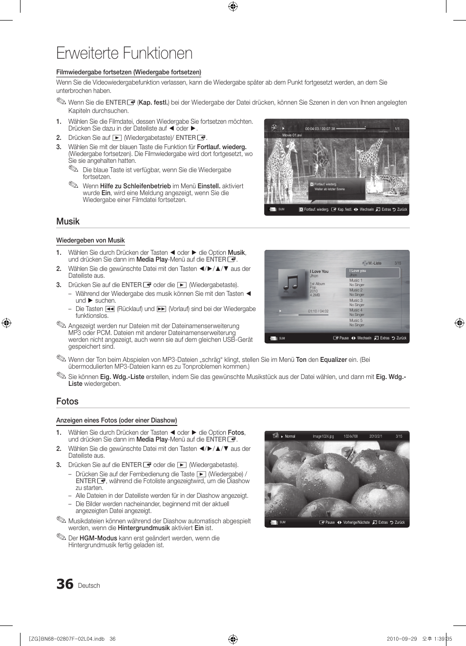 Erweiterte funktionen, Musik, Fotos | Samsung PS58C6500TW User Manual | Page 91 / 221