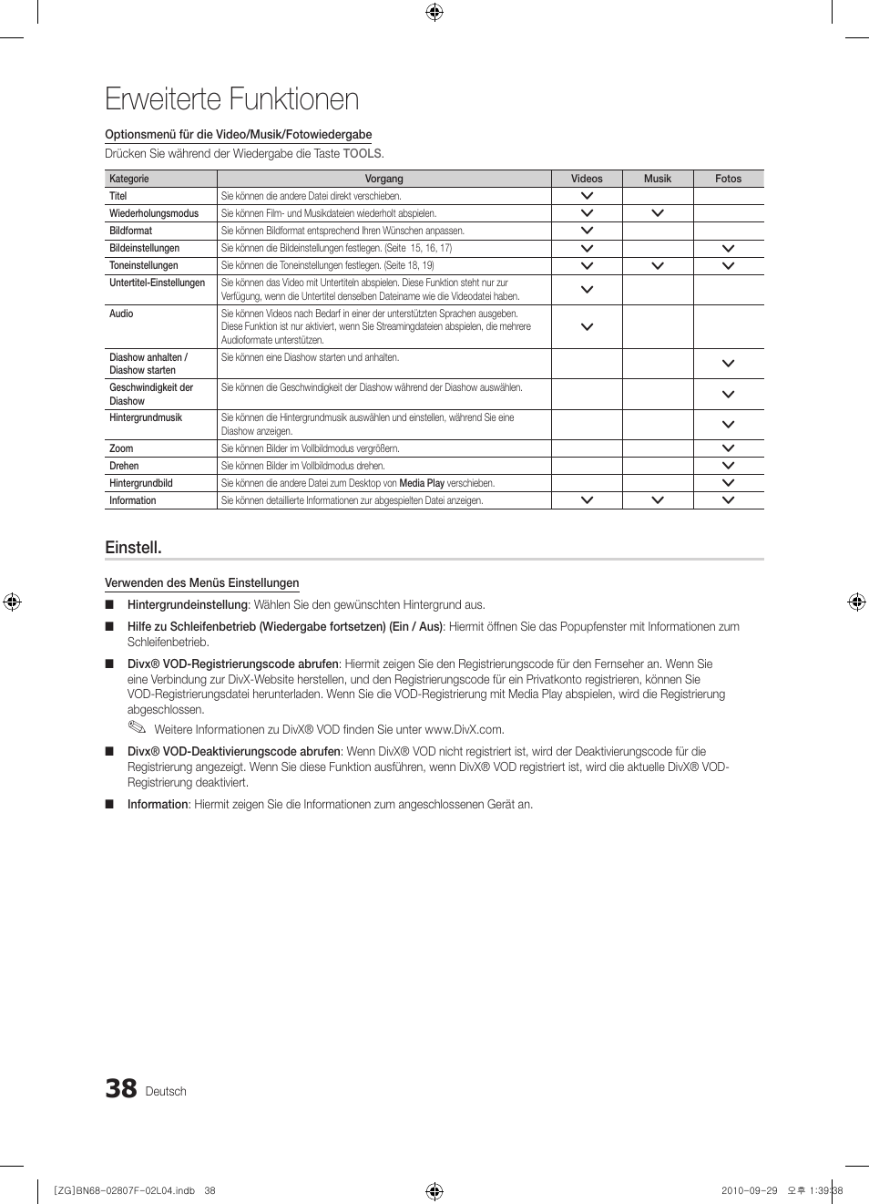 Erweiterte funktionen, Einstell | Samsung PS58C6500TW User Manual | Page 93 / 221