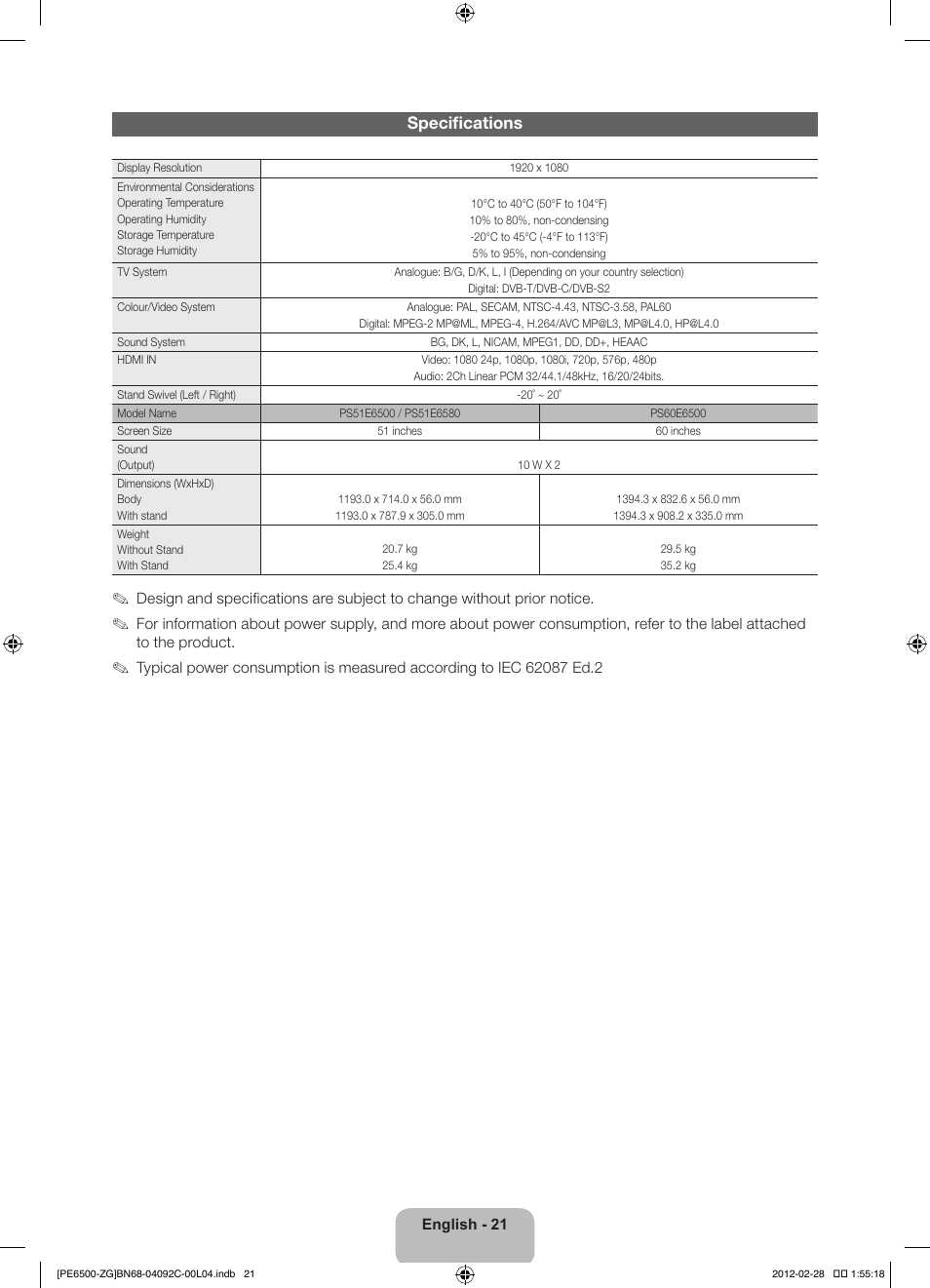 Specifications | Samsung PS51E6500ES User Manual | Page 21 / 90