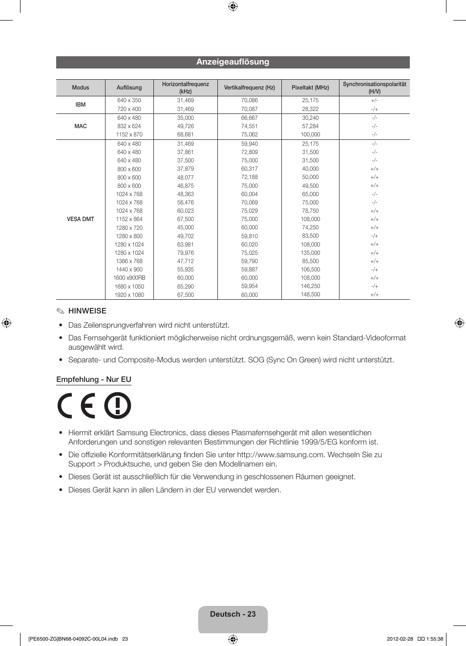 Anzeigeauflösung | Samsung PS51E6500ES User Manual | Page 45 / 90