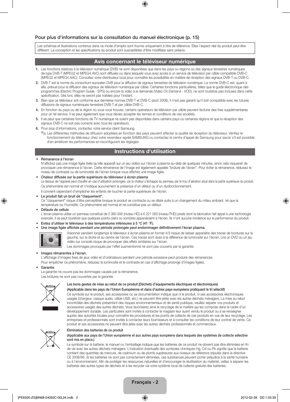Avis concernant le téléviseur numérique, Instructions d'utilisation | Samsung PS51E6500ES User Manual | Page 46 / 90