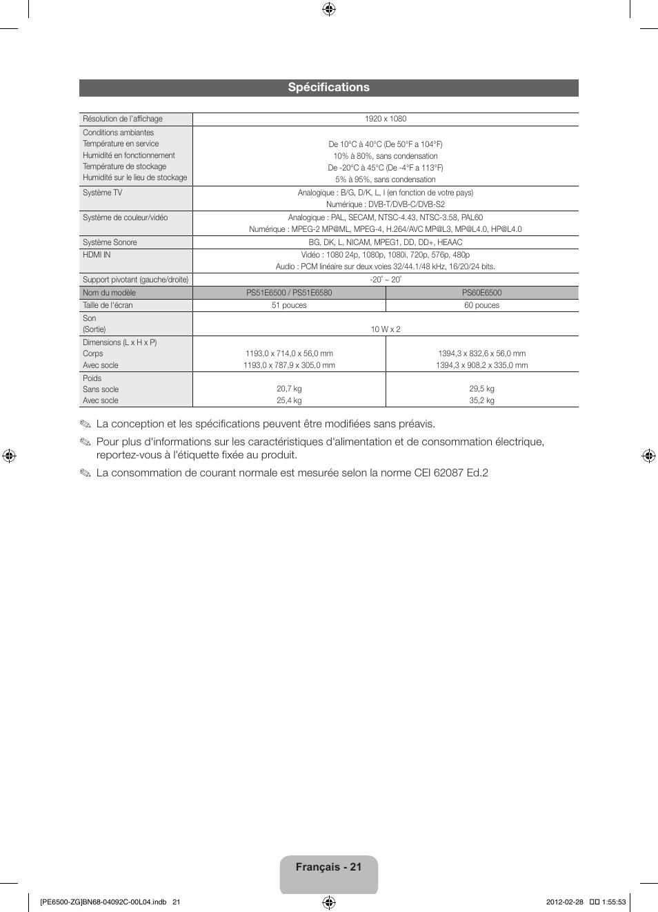 Spécifications | Samsung PS51E6500ES User Manual | Page 65 / 90