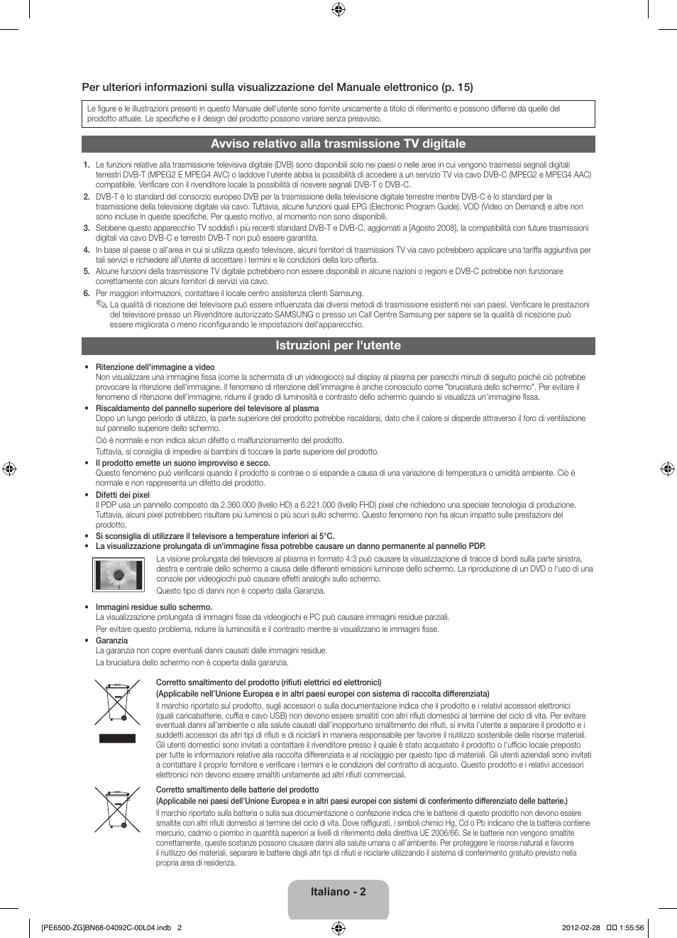 Avviso relativo alla trasmissione tv digitale, Istruzioni per l'utente | Samsung PS51E6500ES User Manual | Page 68 / 90