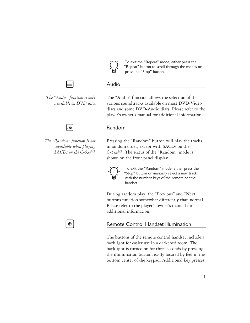 Audio, Random, Remote control handset illumination | Ayre Acoustics Multi-Component Backlit Remote User Manual | Page 13 / 20