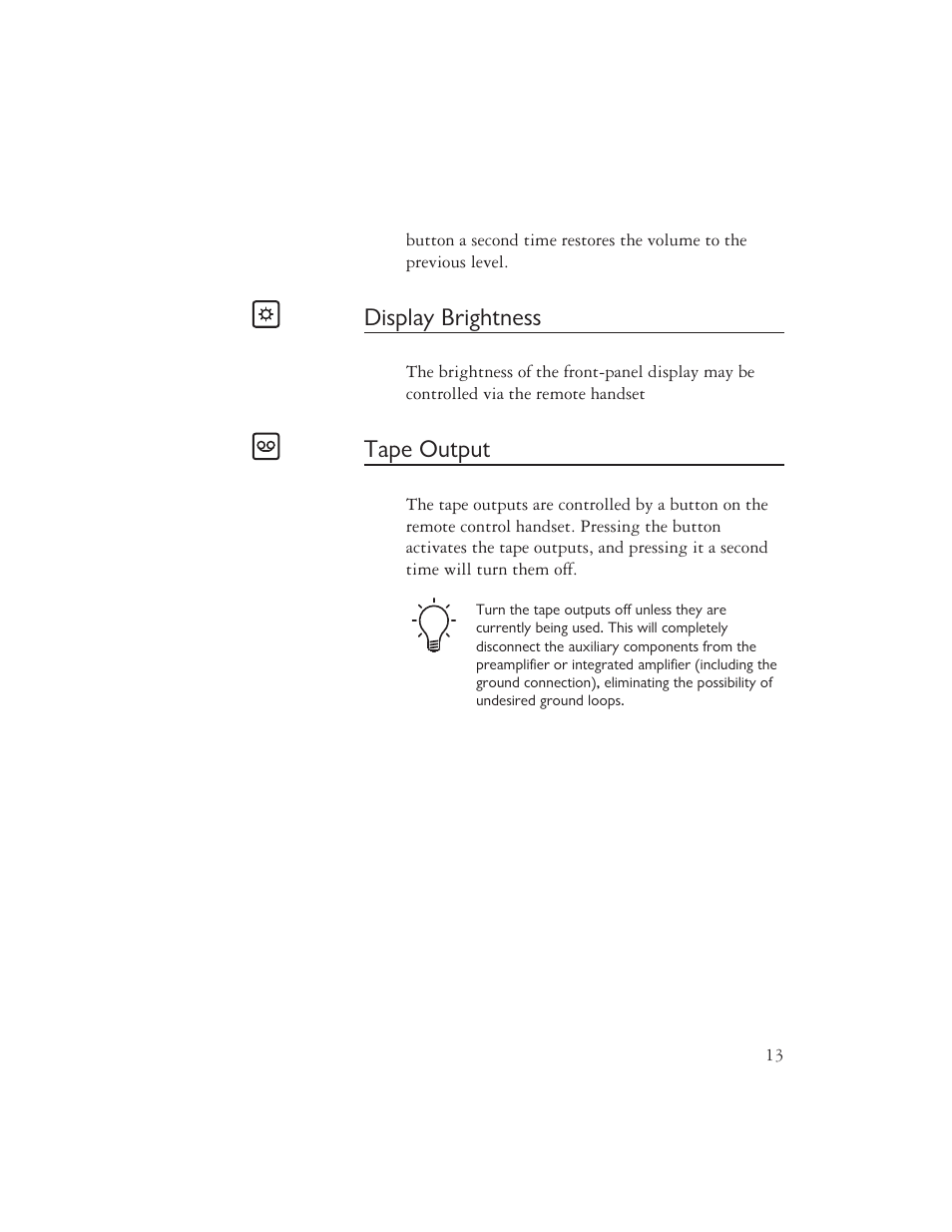 Display brightness, Tape output | Ayre Acoustics Multi-Component Backlit Remote User Manual | Page 15 / 20