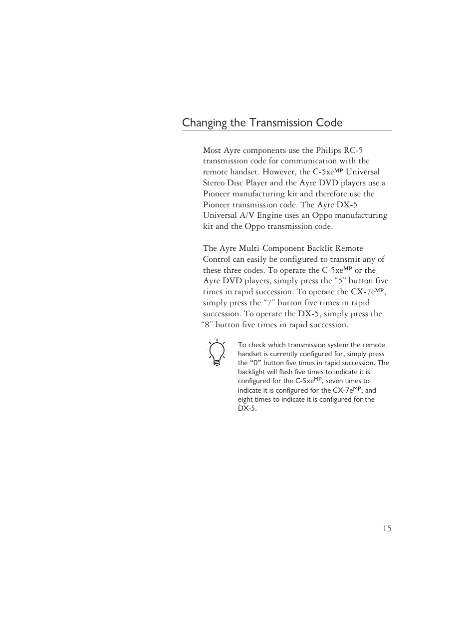 Changing the transmission code | Ayre Acoustics Multi-Component Backlit Remote User Manual | Page 17 / 20
