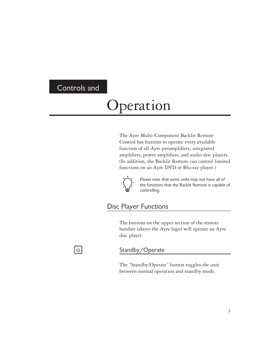 Operation, Controls and | Ayre Acoustics Multi-Component Backlit Remote User Manual | Page 5 / 20