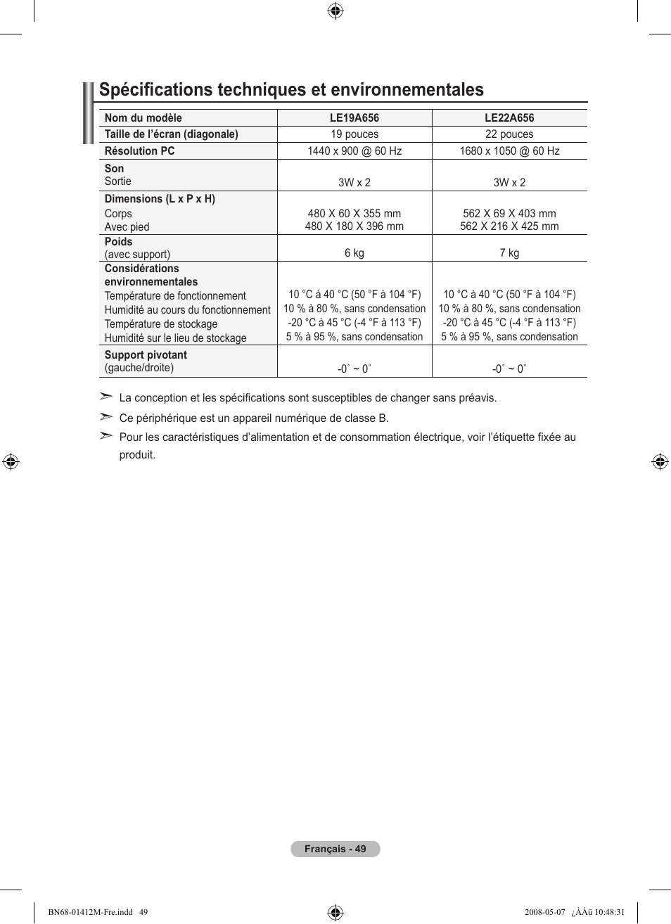 Spécifications techniques et environnementales | Samsung LE22A656A1D User Manual | Page 101 / 403
