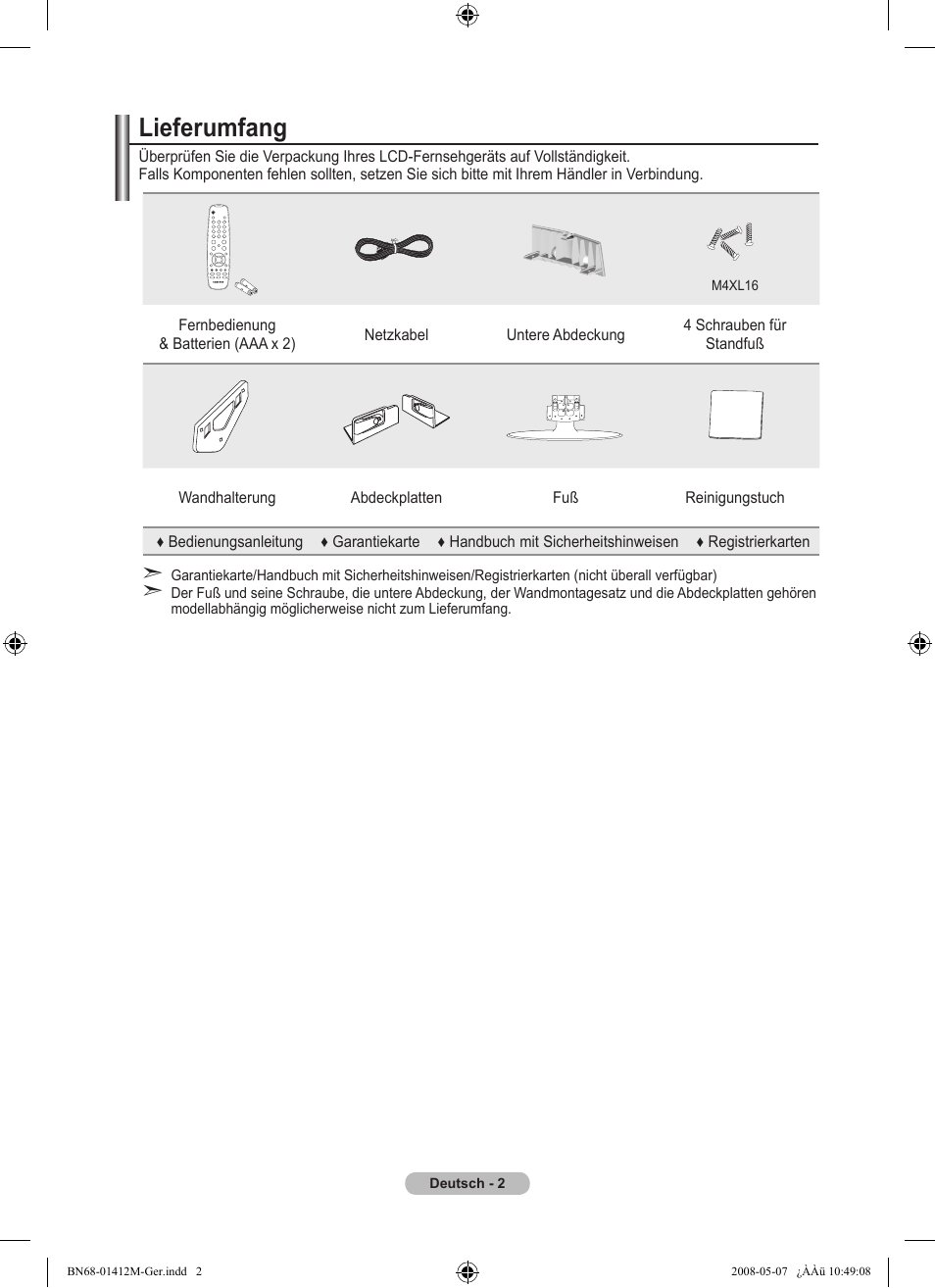 Lieferumfang | Samsung LE22A656A1D User Manual | Page 104 / 403