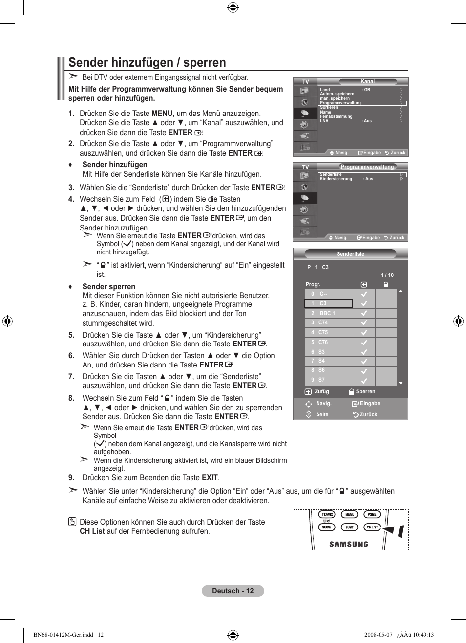 Sender hinzufügen / sperren | Samsung LE22A656A1D User Manual | Page 114 / 403