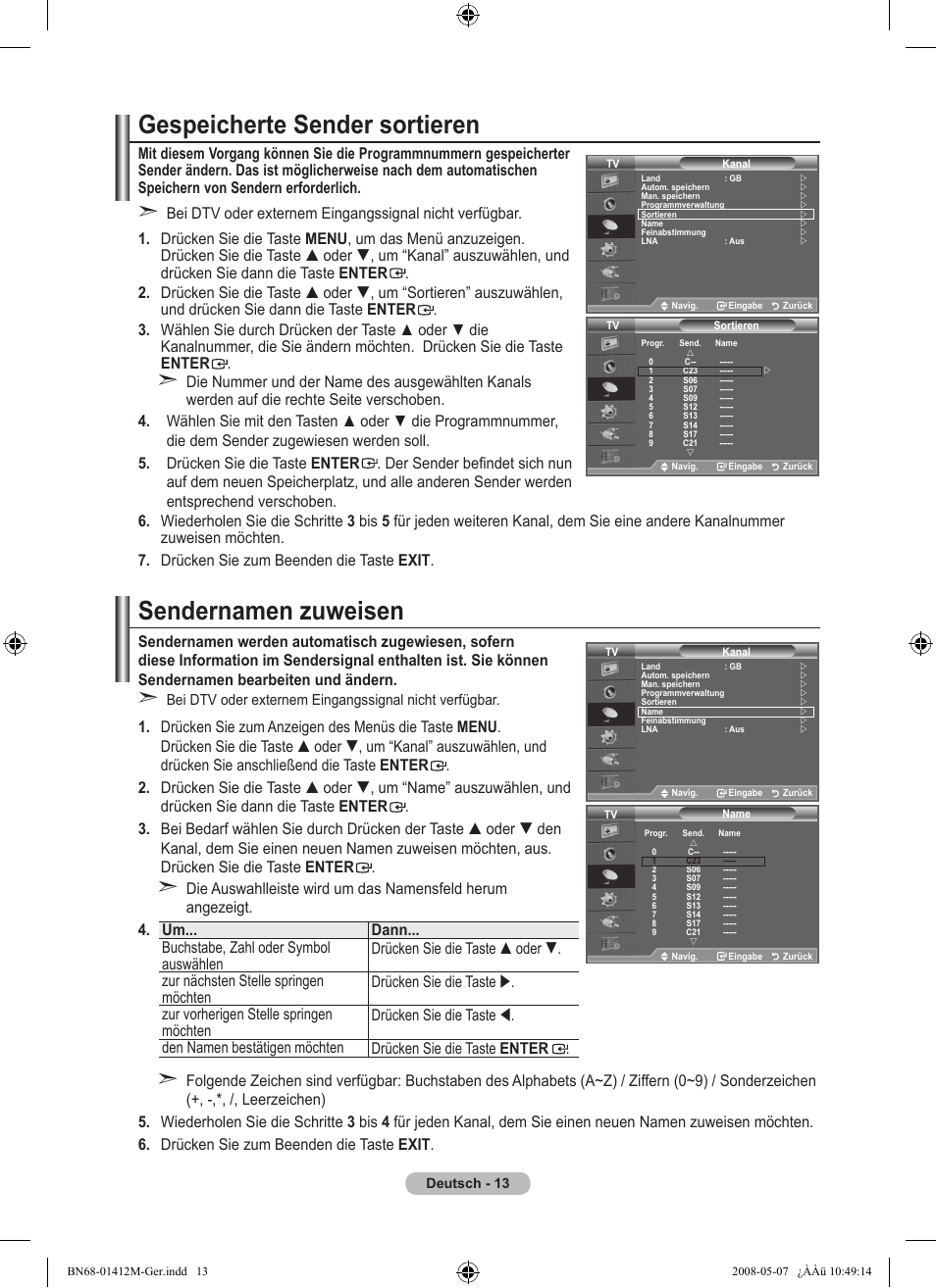 Gespeicherte sender sortieren, Sendernamen zuweisen | Samsung LE22A656A1D User Manual | Page 115 / 403