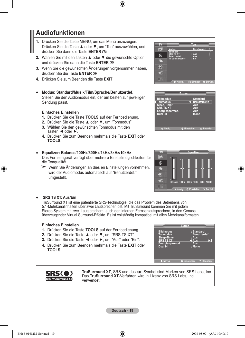 Audiofunktionen | Samsung LE22A656A1D User Manual | Page 121 / 403
