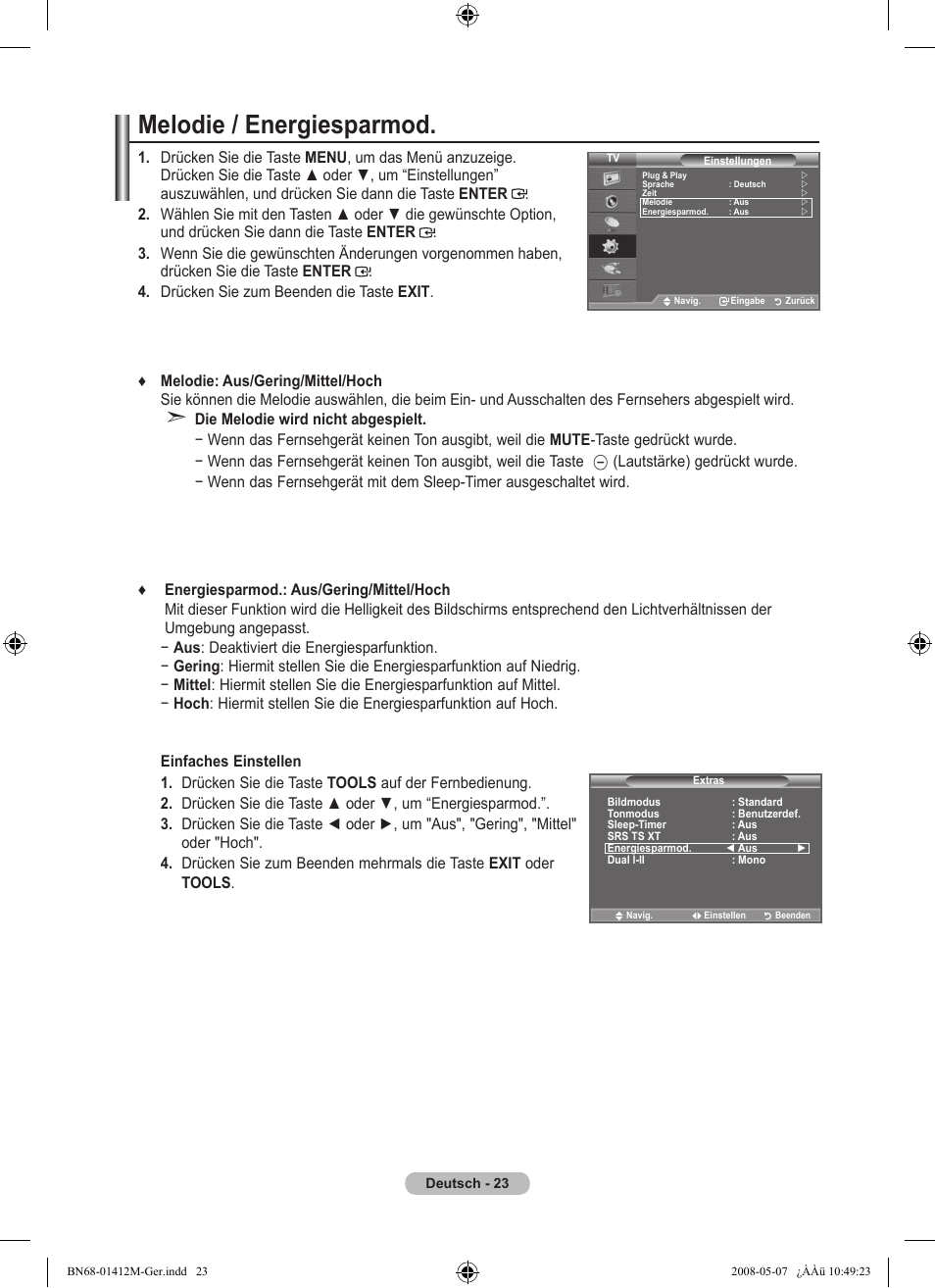Melodie / energiesparmod | Samsung LE22A656A1D User Manual | Page 125 / 403