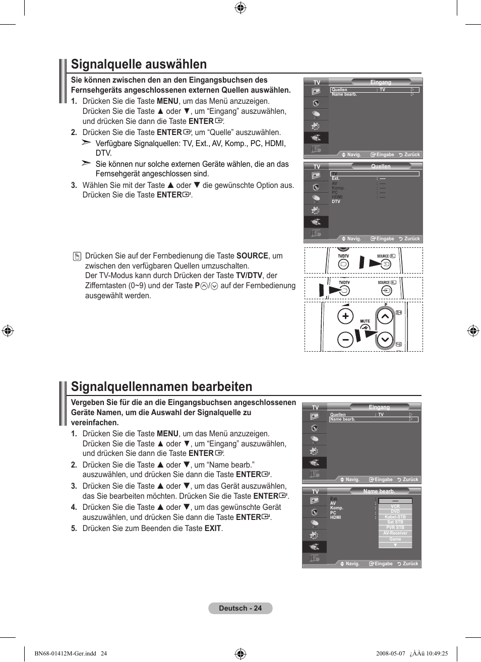 Signalquelle auswählen, Signalquellennamen bearbeiten, Auf der fernbedienung ausgewählt werden | Samsung LE22A656A1D User Manual | Page 126 / 403