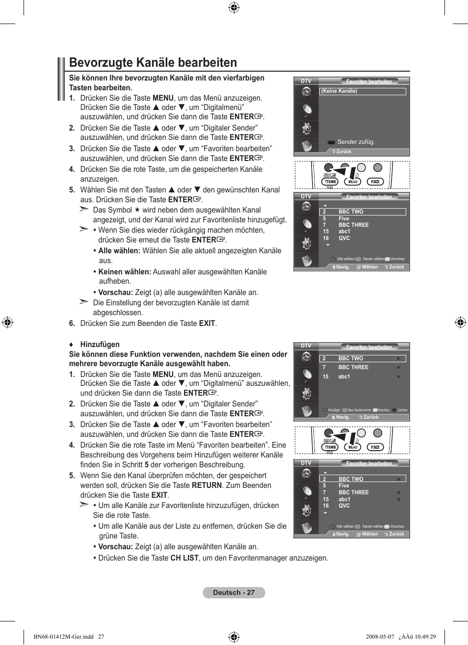 Bevorzugte kanäle bearbeiten | Samsung LE22A656A1D User Manual | Page 129 / 403