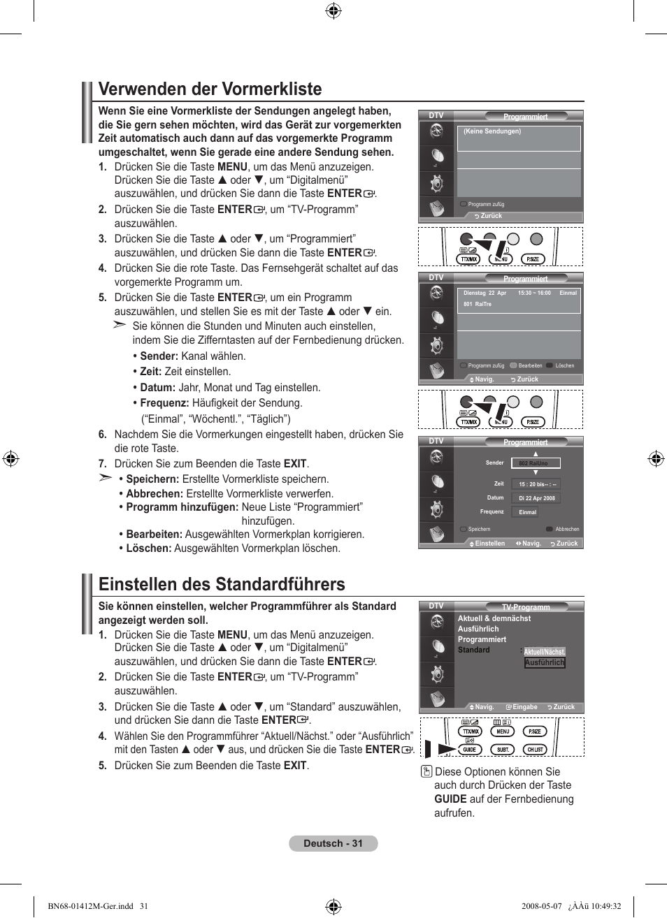 Verwenden der vormerkliste, Einstellen des standardführers | Samsung LE22A656A1D User Manual | Page 133 / 403