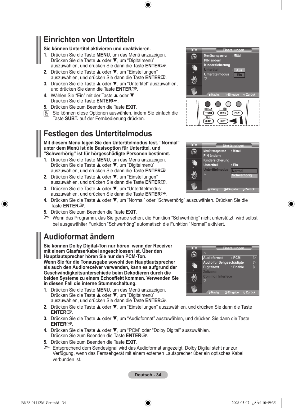 Einrichten von untertiteln, Festlegen des untertitelmodus, Audioformat ändern | Samsung LE22A656A1D User Manual | Page 136 / 403