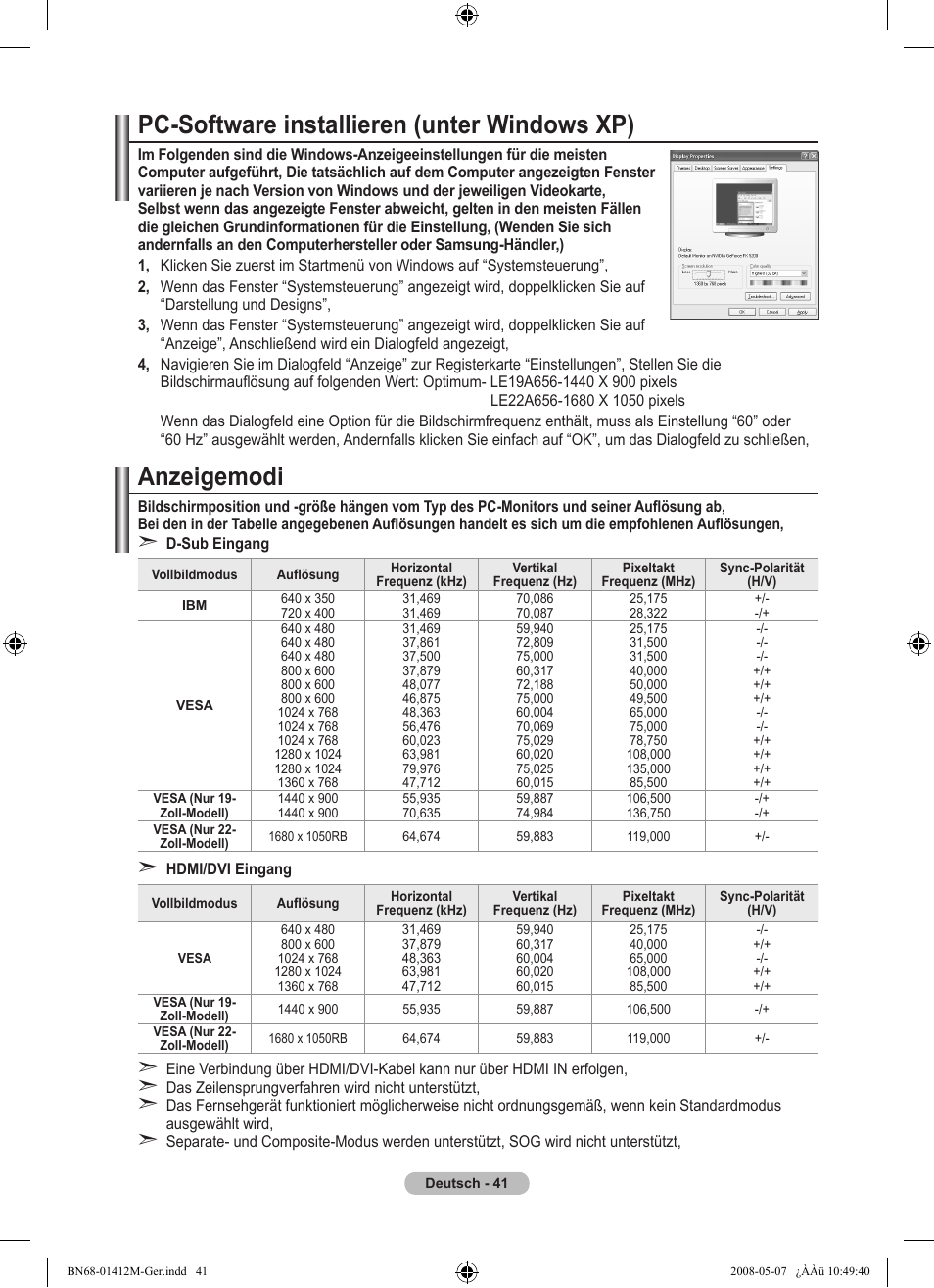 Pc-software installieren (unter windows xp), Anzeigemodi | Samsung LE22A656A1D User Manual | Page 143 / 403