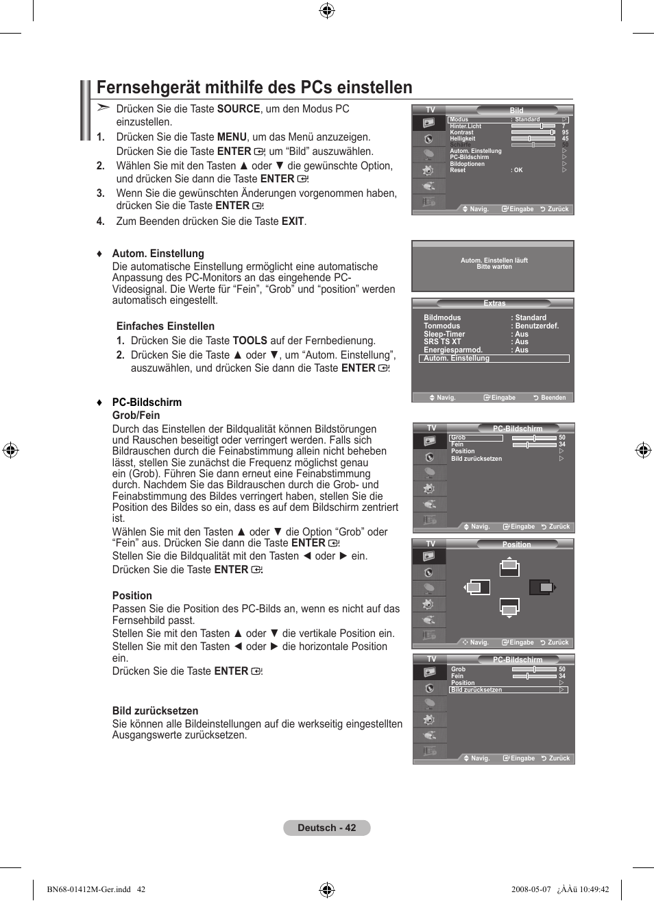 Fernsehgerät mithilfe des pcs einstellen | Samsung LE22A656A1D User Manual | Page 144 / 403