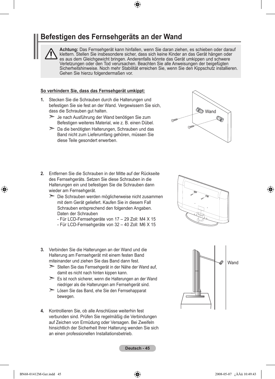 경고 주의 경고 주의, Befestigen des fernsehgeräts an der wand | Samsung LE22A656A1D User Manual | Page 147 / 403