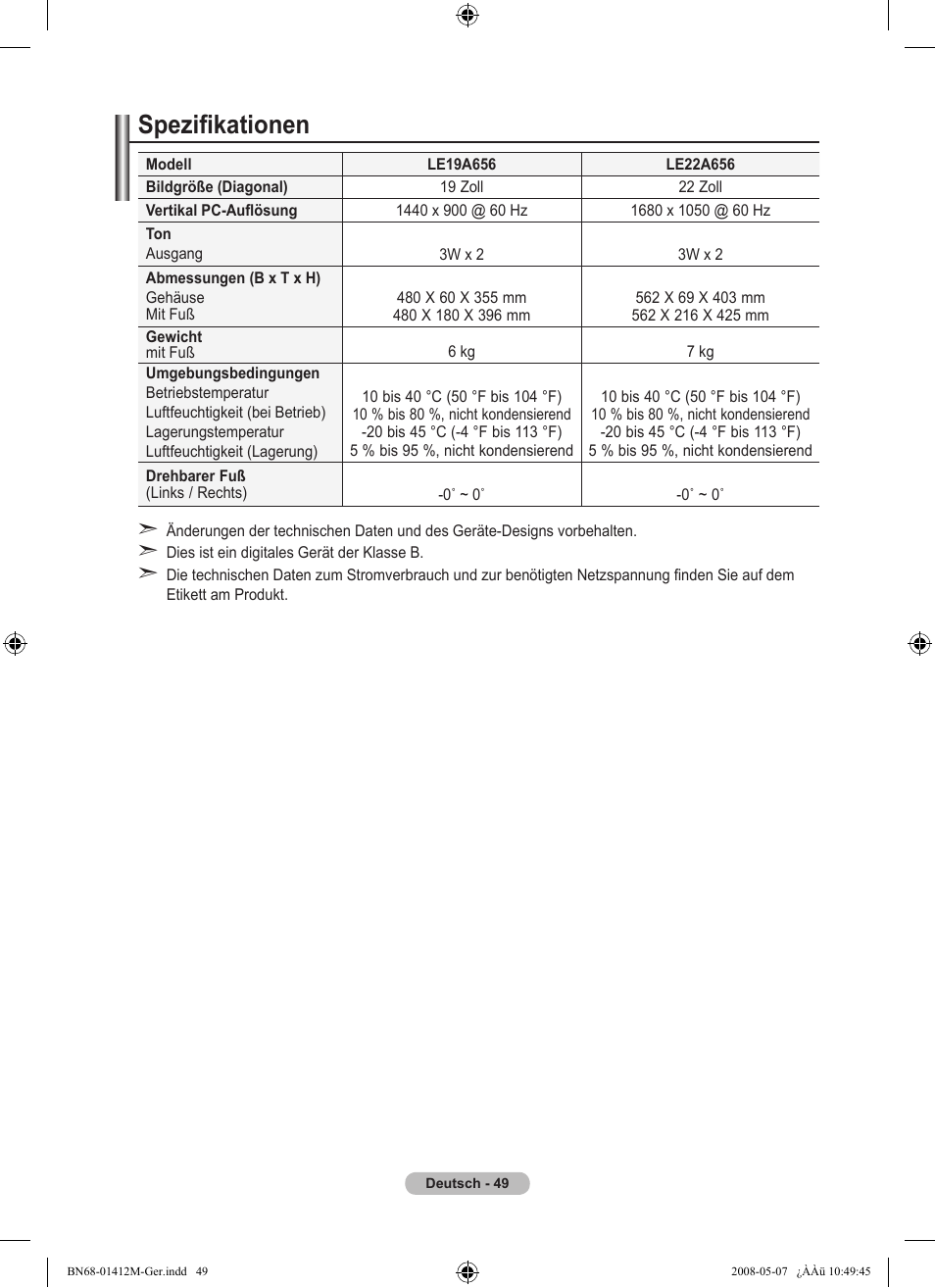 Spezifikationen | Samsung LE22A656A1D User Manual | Page 151 / 403