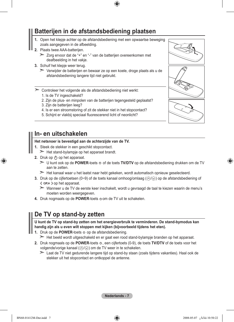 Batterijen in de afstandsbediening plaatsen, In- en uitschakelen, De tv op stand-by zetten | Samsung LE22A656A1D User Manual | Page 159 / 403
