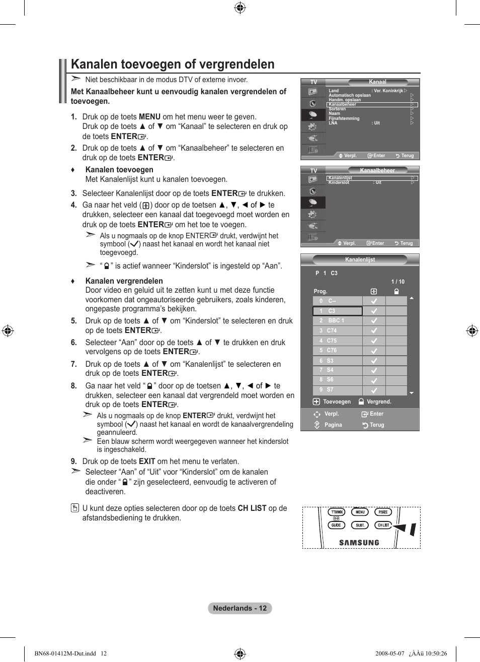 Kanalen toevoegen of vergrendelen | Samsung LE22A656A1D User Manual | Page 164 / 403