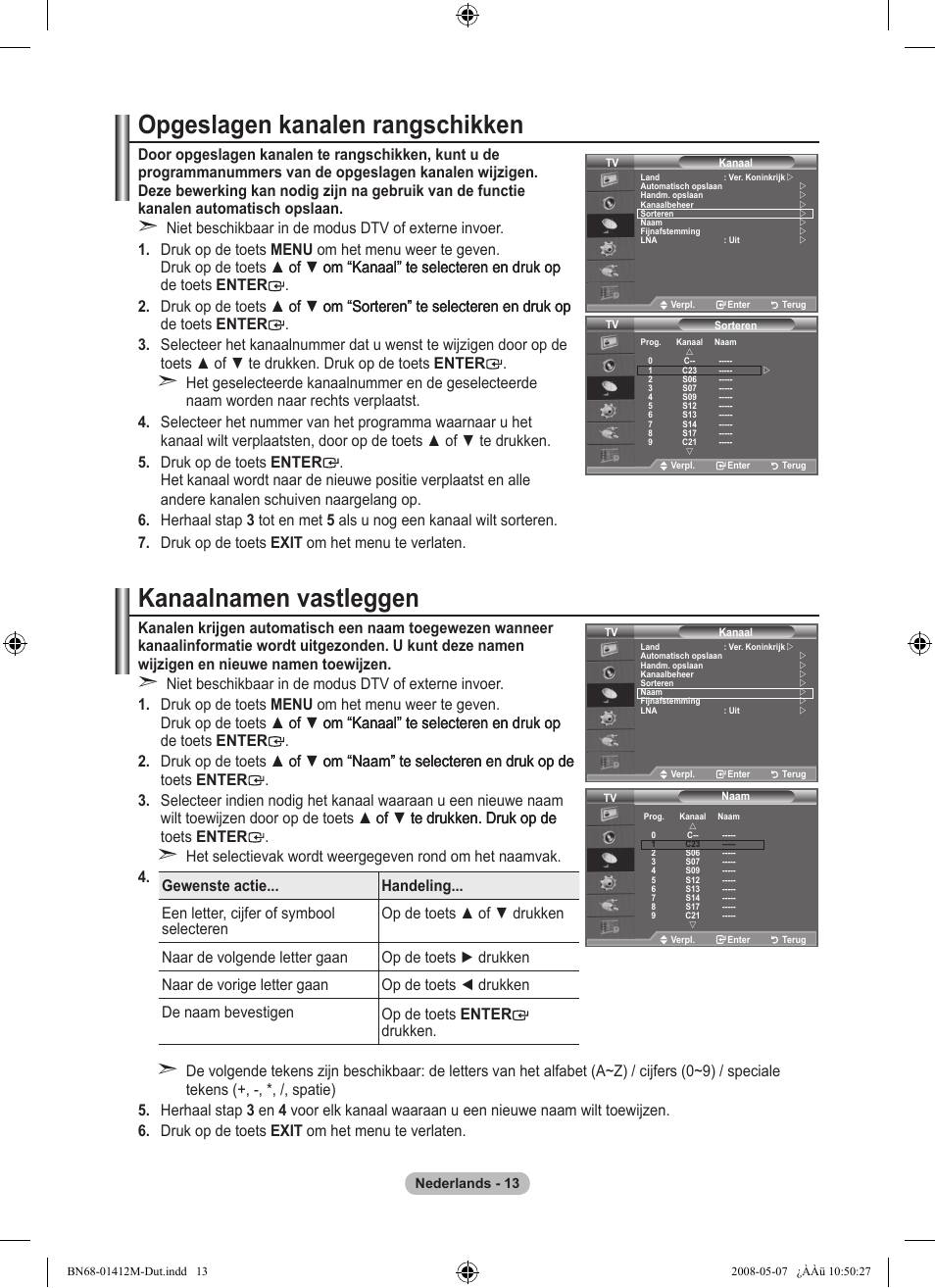 Opgeslagen kanalen rangschikken, Kanaalnamen vastleggen | Samsung LE22A656A1D User Manual | Page 165 / 403
