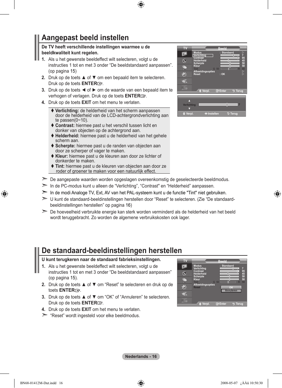 Aangepast beeld instellen, De standaard-beeldinstellingen herstellen | Samsung LE22A656A1D User Manual | Page 168 / 403
