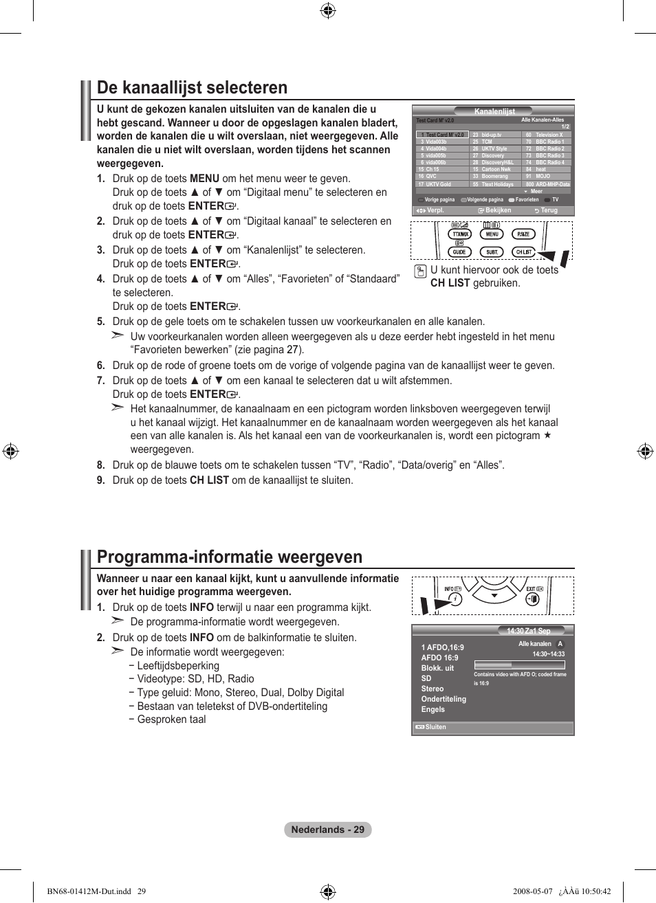 De kanaallijst selecteren, Programma-informatie weergeven | Samsung LE22A656A1D User Manual | Page 181 / 403