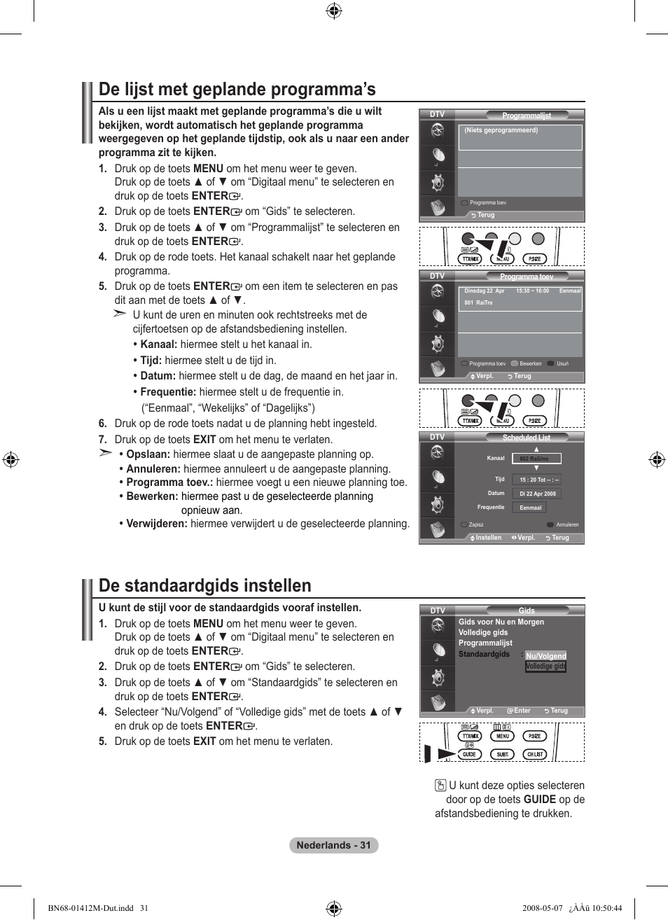 De lijst met geplande programma’s, De standaardgids instellen | Samsung LE22A656A1D User Manual | Page 183 / 403