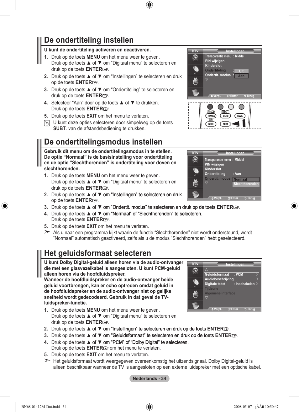 De ondertiteling instellen, De ondertitelingsmodus instellen, Het geluidsformaat selecteren | Samsung LE22A656A1D User Manual | Page 186 / 403
