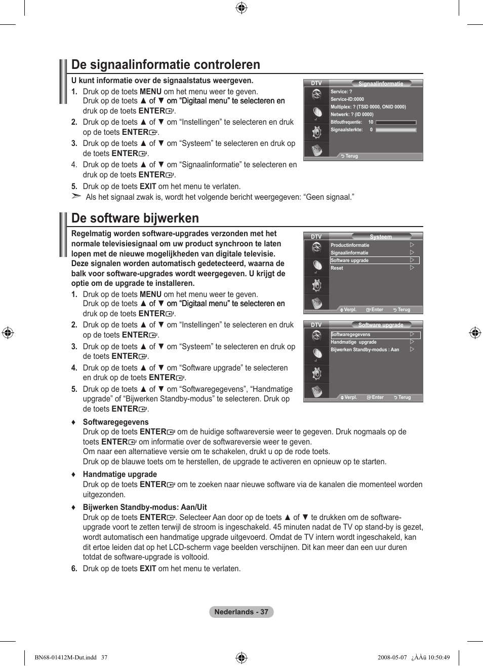 De signaalinformatie controleren, De software bijwerken | Samsung LE22A656A1D User Manual | Page 189 / 403