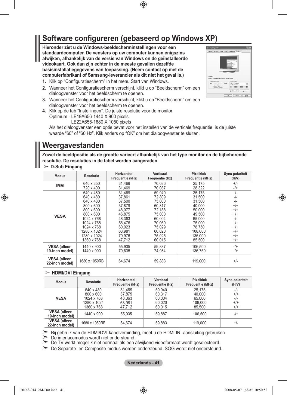 Software configureren (gebaseerd op windows xp), Weergavestanden | Samsung LE22A656A1D User Manual | Page 193 / 403